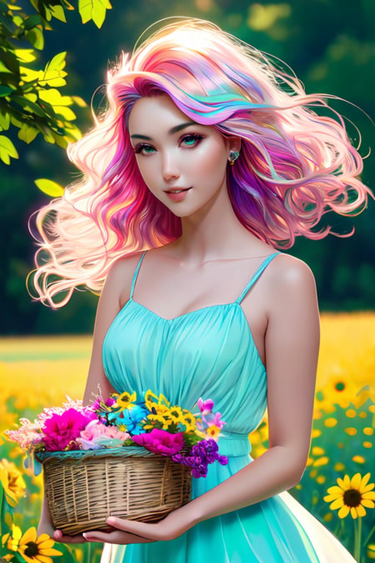 Masterpiece, best quality, 1girl, with curly pink hair and stunning green eyes, wearing a flowing, pastel-colored summer d...